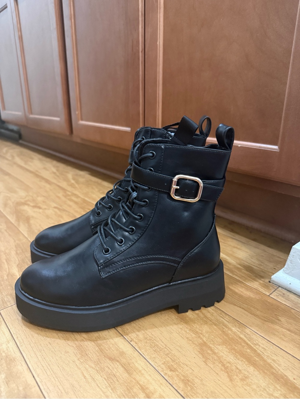 Black Lace-Up Platform Combat Boots with Buckle Strap